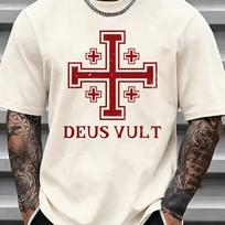 Unisexs Deus Vult Jerusalem Cross Medieval Crusader Graphic Tshirt Casual Unisexs And Unisexs T Shirt Historical Faith Streetwear 4XL beige