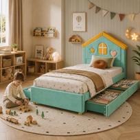 Kids' Bed 90x200 cm House Bed Upholstered Bed in Blue-Green with 4 Drawers, Storage for Children's Room, Youth Bed with French Velvet, Headboard 208.5 x 96 x 112.5 cm