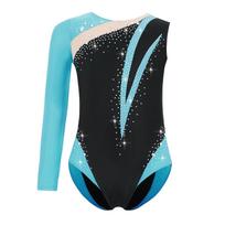 Mergaičių gimnastikos triko su blizgančiais cirkoniais, spalvų bloku, asimetrišku sijonu 5-6 Years turkis