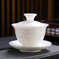 White Porcelain Kung Fu Tea Set White Jade Relief Tureen Ceramic Business Gift Simple Portable Dragon and Phoenix Cups Gaiwan 150ml white