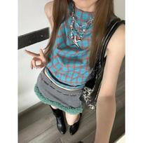 Spicy Girl Style Sexy Backless Plaid Vest 2026 Women's Summer Design Feeling Hooded Pure Desire Style Short Sleeveless Top XL mėlyna