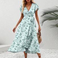Women's V-Neck Waisted Floral  Print Short Sleeve Dresses L