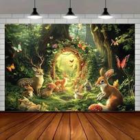 2D Magical Forest Animals Backdrop Deer Rabbit Photography Background 59x51.1inch/150*130cm brown