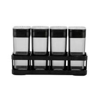 Noir Theory 4-Piece Plastic Spice Jars Set with Tray One-Handed Slide Lid Transparent Containers Compact Countertop Organizer for Salt, Pepper, black