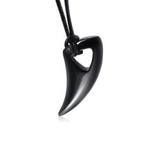 Punk Hip Hop Stainless Steel Crescent Tooth Spike Pendant Necklace Men Women Fashion Wolf Tooth Leather Rope Necklace Jewelry black