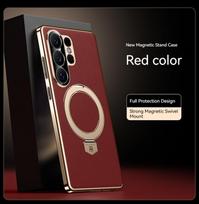 Metalinis laikiklis Magnetinis telefono dėklas, skirtas Samsung Galaxy S26 Ultra Aukštos klasės verslo odinis dėklas, galima įkrauti belaidžiu būdu Galaxy S26 Ultra raudona