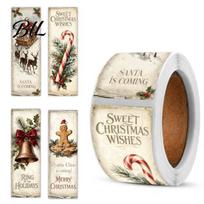 Self Adhesive Holiday Stickers Christmas Coated Paper Sealing Sticker, Retro Hand-drawn Santa Claus Snowman Elk Craft Tape Design, Decorative for Gift B beige