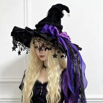 Nėrinėta aksominė raganos kepurė su nėriniu apvadu ir mėnulio pakabuku Helovino kostiumų vakarėliui, maskarado, Cosplay vakarėliui, Lolitos aksesuaras One Size violetinė
