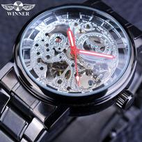 Juodas vyriškas rankinis laikrodis su skeletu, nerūdijančio plieno senovinis „steampunk“ atsitiktinis automatinis skeletas, mechaniniai vyriški laikrodžiai sidabras