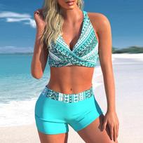 Moteriškas „Halter Bikini Tankini“ maudymosi kostiumėlis su alyva ant drobės XL žalsvai mėlyna