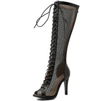Madingi „Peep Toe“ moteriški batai ant kelių aukštakulniai. Seksualūs nėrinių tinkleliai vasariniai, vėsūs ilgaauliai, kvėpuojantys juodi šokių vakarėlio batai, didesnio dydžio 45 46 juoda