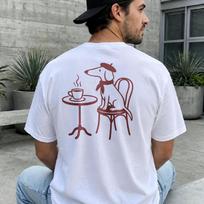 French Dachshund Cafe T-Shirt Beret Sausage Dog Coffee Line Art Back Print Graphic Cotton Shirt XXXL white