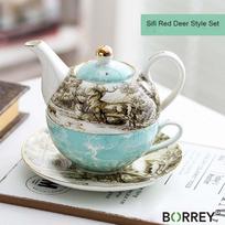 BORREY Bone China arbatos puodo rinkinys Gėlių arbatos puodukas Keraminis arbatos puodelis Biuro kavos puodelis Puodelis Popietės arbatos rinkinys britiško stiliaus 4 dalių rinkinys Sifi Red Deer Set