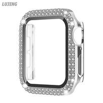 Deimantinis dangtelis+stiklas Apple Watch SE serijoms 9 8 7 6 4 3 5 2 Bling dėklas iwatch 41mm 45mm 38mm 42mm 40mm 44mm moteriškiems laikrodžių priedams 45mm sidabras