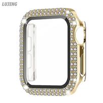 Deimantinis dangtelis+stiklas Apple Watch SE serijoms 9 8 7 6 4 3 5 2 Bling dėklas iwatch 41mm 45mm 38mm 42mm 40mm 44mm moteriškiems laikrodžių priedams 41mm auksas