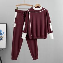 Pavasario ir rudens moterų mezgimo rinkinys Fashion Temperament laisvalaikio trikotažo viršutinių kelnių dviejų dalių rinkinys XL bordinė
