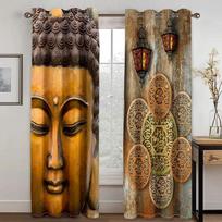 Stone Indian Buddha Statue Zen Lotus Cheap 2 Pieces Thin Window Curtains for Living Room Bedroom Decor Two Drape W60H60(CM)x2pcs&HOOK black
