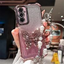 Perlų apyrankė Drugelio laikiklis Telefono dėklas Samsung A17 A07 A16 A36 A56 A15 A25 A35 A55 A14 A34 A54 Blizgantis Smūgiams atsparus dangtelis For Samsung A34 gray