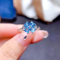 Open Ring Swiss Blue Topaz Clover Light Luxury Adjustable Statement Jewelry for Women Adjustable blue