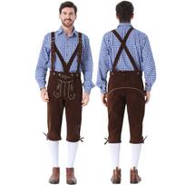 Vyrų vokiškas Bavarijos Oktoberfest kostiumų rinkinys Ilgomis rankovėmis languoti marškiniai su petnešomis kelnės, 2 dalių apranga S gray