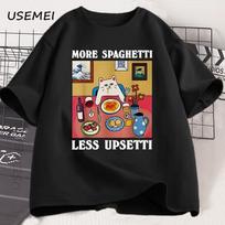 More Spaghetti Less Upsetti Funny Cat T-Shirt Men Women Printed T Shirt Harajuku O Neck Cotton Short S gray