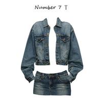 Spice girl style retro denim jacket women's low waist skirt culottes two-piece set spring and autumn new fashion denim suit M gray