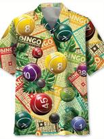 Retro Bingo Game Full Print Mens Hawaiian Shirt New In Summer Short Sleeve Button Lapel Beach Blouse Casual Men's Aloha Shirt XL yellow