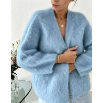 Women Plus Size Loose Lazy Style Faux Mink Hair Knit Cardigan Casual Sweater Coat XL mėlyna