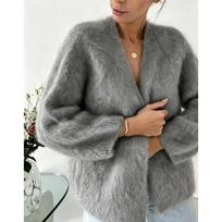 Women Plus Size Loose Lazy Style Faux Mink Hair Knit Cardigan Casual Sweater Coat XL pilka