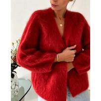 Women Plus Size Loose Lazy Style Faux Mink Hair Knit Cardigan Casual Sweater Coat XL raudona