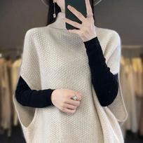 Women Batwing Sleeve Sweaters Knitting Vest Casual High Collar Elegant Solid Sweaters Loose-fit Sleeveless Waistcoat Pullover M abrikosas