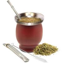 Natūralus Yerba Mate moliūgas/Arbatinis puodelis su dangteliu (Originali tradicinė matės puodelis - 230ML) | Yra 2 bombilės (Yerba Mate šiaudeliai) raudona