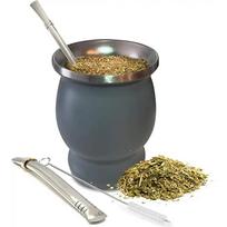 Natūralus Yerba Mate moliūgas/Arbatinis puodelis su dangteliu (Originali tradicinė matės puodelis - 230ML) | Yra 2 bombilės (Yerba Mate šiaudeliai) pilka