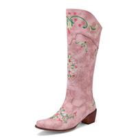 Vakarietiški kaubojiški batai moterims, siuvinėti kaubojiški batai platesnei blauzdai, 2024 m. stori vidutiniai kulniukai, avalynė 4 sezonams, užtrauktukas, PU avalynė 6 rožinė