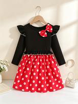 Girls Long Sleeve Red Polka Dot Bow Dress Kids Spring Autumn Princess Dress 3-4Y raudona
