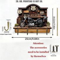 Wall Mounted Wooden Motorcycle Key Rack 2D Flat Design 4 Metal Hooks Decorative Key Organizer for Home Bar Garage Decoration 3