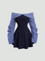 Spring and Autumn European and American Sexy Spice Girls Celebrity Style Shoulder Reverse Stripes Contrasting Colour One-Neck Dress L