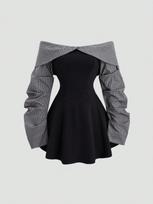 Spring and Autumn European and American Sexy Spice Girls Celebrity Style Shoulder Reverse Stripes Contrasting Colour One-Neck Dress S juoda