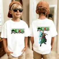 One Piece Zoro Front Back Printed Cotton T-Shirt, Boys Girls Harajuku Streetwear Anime Children Short Sleeve Tee 160 beige