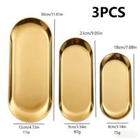 3Pcs Golden‑Stainless‑Steel Oval Plate,Cake,Dessert,Bread,Sushi,Snack Tray,Breakfast,Barbecue Serving Dish,Jewelry & Towel Storage Plate 3 piece set