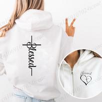 Women's Zipper Hoodie Autumn Winter Fashion Zip Up Hoodies Blessed and Heart Sweatshirt Women Streetwear Blessed Cross Coats 2XL white