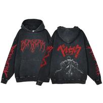 Hot Anime Berserk Guts Print Hooded Men Manga Washed Hoodies Casual Loose Cotton Sweatshirt Harajuku Unisex Streetwear Tops XXL black