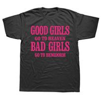 Juokingi T-shirt'ai „Geros mergaitės eina į dangų, blogos mergaitės eina į Benidormą“ Grafiniai Medvilniniai Streetwear Trumpomis Rankovėmis Gimtadienio Dovanos T-shirt Vyrams S pink