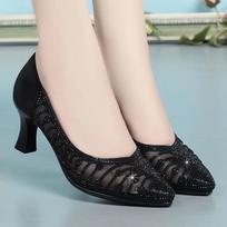 zapatos de mujer women cute square heel golden high quality mesh breathable slip on high heel shoes lady casual black pump ga102 35 white
