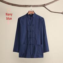 Men's Long-Sleeve Cotton-Linen Tang Suit: Zen Meditation Kung Fu Shirt XL, recommend 110–125 jin tamsiai mėlyna spalva