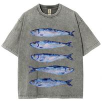Įdomūs sardinių rašto marškinėliai retro vandeniu skalauti vintage trumparankoviai vyriški ir moteriški laisvi gatvės stiliaus madingi viršutiniai drabužiai 2XL gray