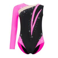 Mergaičių gimnastikos triko su blizgančiais cirkoniais, spalvų bloku, asimetrišku sijonu 11-12 Years karšta rožinė spalva