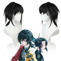 Demon Slayer Giyuu Tomioka Cosplay Perukas, Juodi Tekstūruoti Kirpčiukai Aukštos Temperatūros Pluošto Plaukų Priauginimas juoda