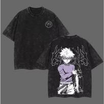Hunter x Hunter Killua Anime Spausdinimas ant nugaros Unisex Storo Medvilnės Vintage Juodi Streetwear Marškinėliai Moterims Ir Vyrams M black
