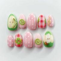 24PCS Green Cute Apple Almond Press on Nails Sweet Pink Plaid Polka Dots Fake Nails for Women with Little Bug Design False Nails gray